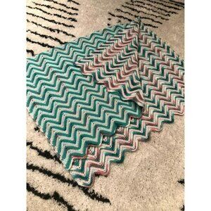 Teal & Pink Reversible Chevron Zig Zag Afghan crochet blanket, 50” x 33”